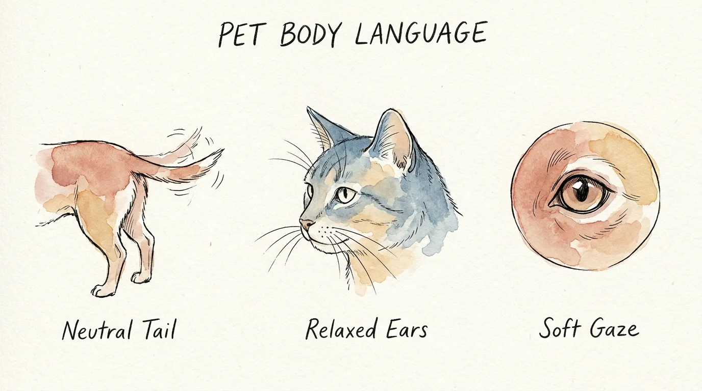 Watercolor vignettes illustrating various signs of a relaxed and trusting pet, such as soft eyes and neutral ears.