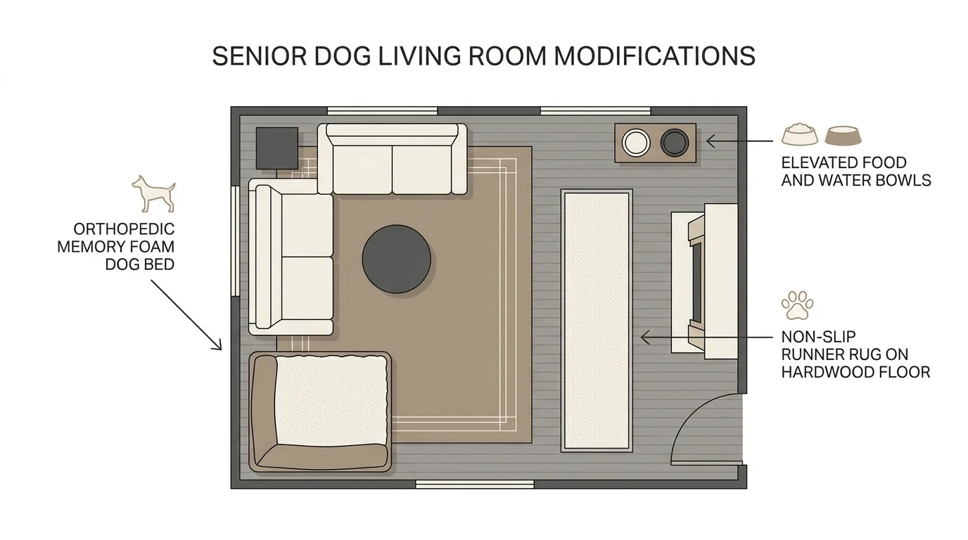 A clean architectural diagram of a living room showing senior dog accommodations like non-slip rugs and orthopedic beds.
