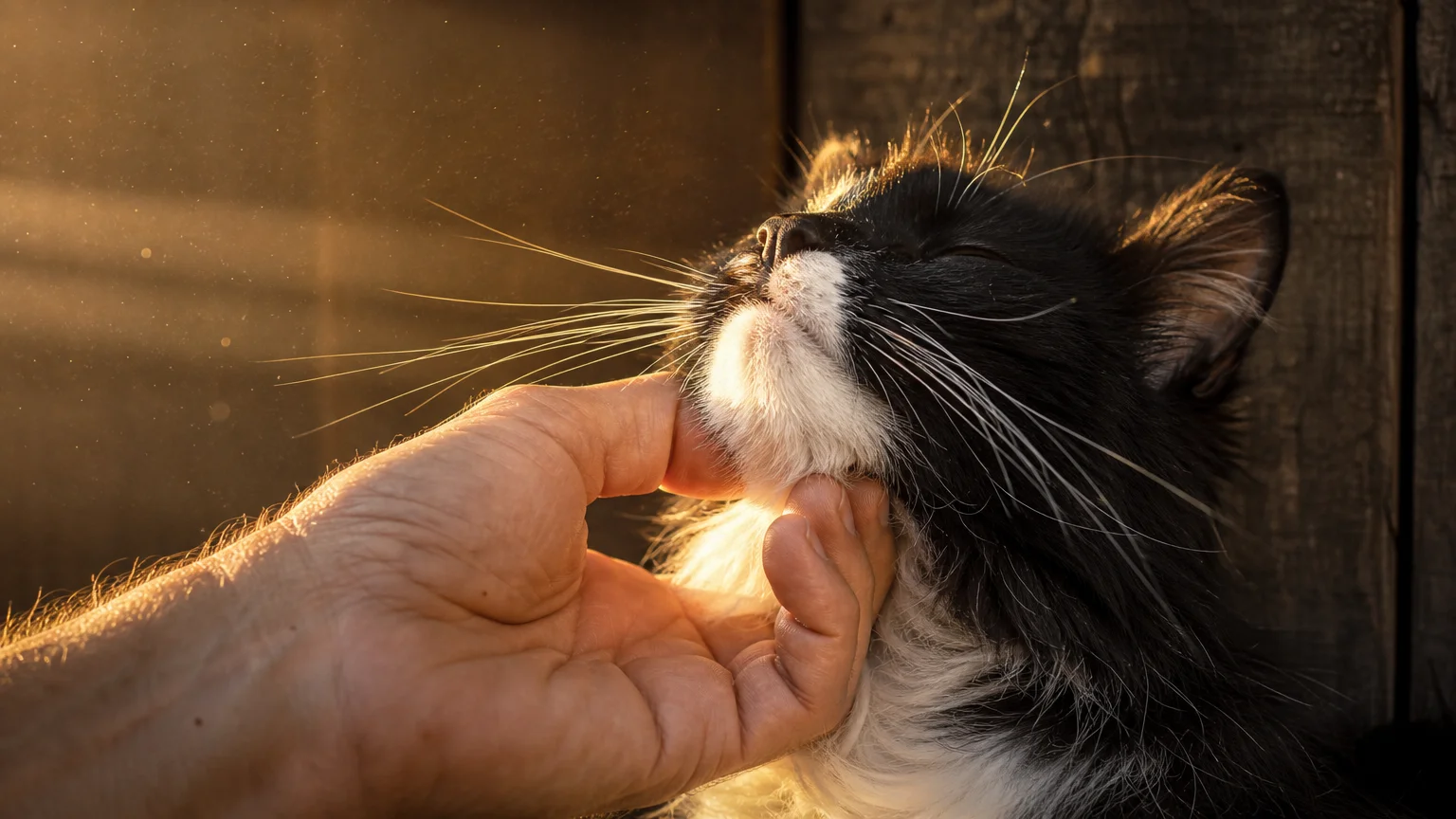 A close-up photograph of a hand scratching a tuxedo cat under the chin as it closes its eyes in contentment.