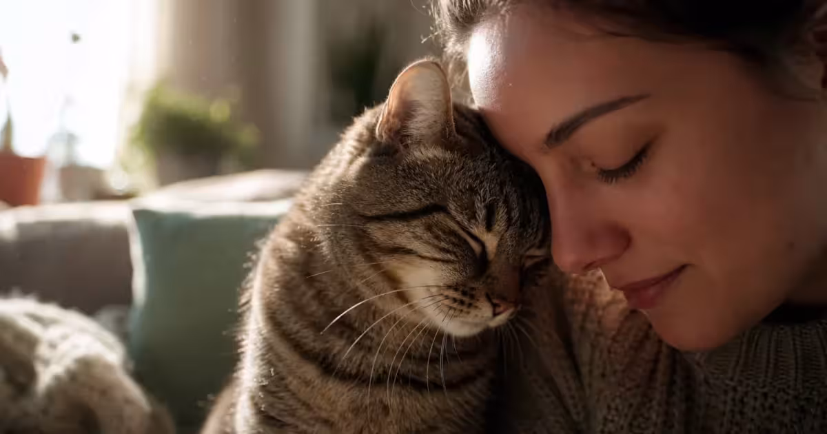 A close-up photograph of a tabby cat headbutting a woman's cheek in a warm, sunlit living room.