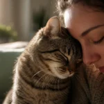 A close-up photograph of a tabby cat headbutting a woman's cheek in a warm, sunlit living room.