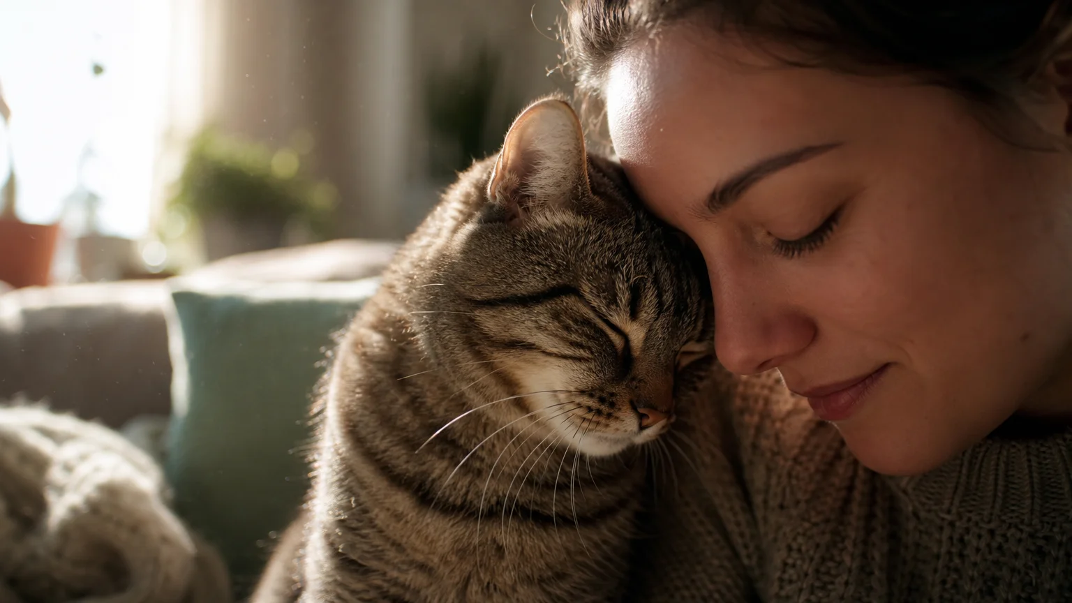 A close-up photograph of a tabby cat headbutting a woman's cheek in a warm, sunlit living room.