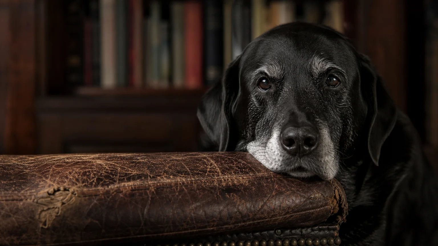 A close-up portrait of an elderly black Labrador with a grey muzzle resting on a leather ottoman.