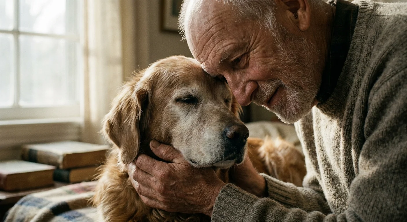 A close-up shot of an older man gently leaning his forehead against a gray-muzzled dog, capturing a moment of trust.