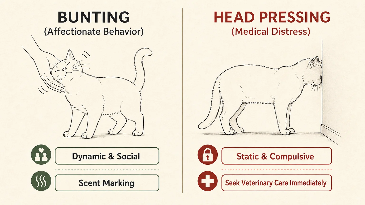 A comparative diagram showing the difference between affectionate bunting and veterinary emergency head pressing.