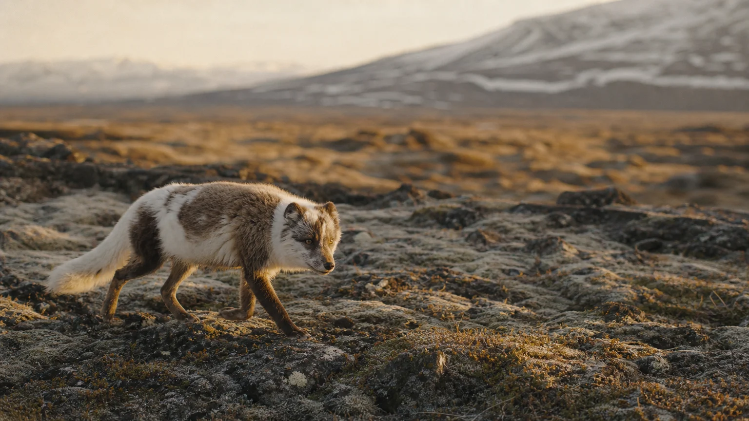 A film-style photograph of an Arctic Fox with a coat changing from brown to white on the autumn tundra.