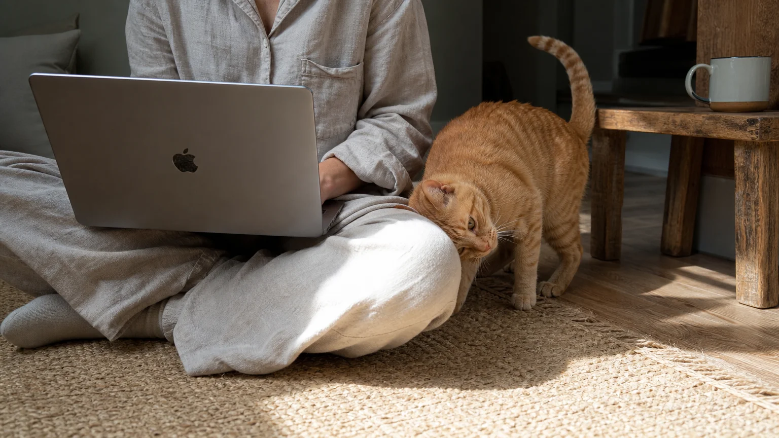 A ginger cat headbutting its owner's leg as they sit on the floor working on a laptop.