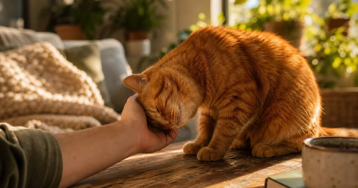 A ginger cat leans its head against a person's hand on a wooden table in a sunlit, cozy living room.