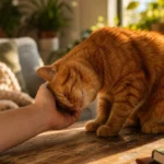 A ginger cat leans its head against a person's hand on a wooden table in a sunlit, cozy living room.