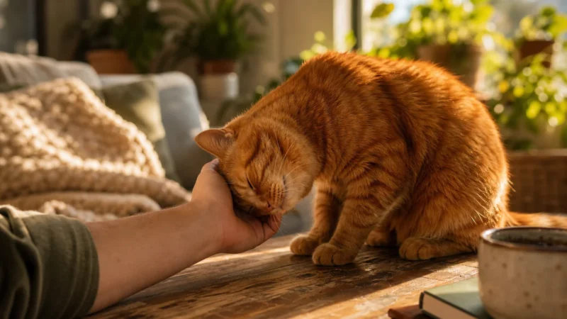 A ginger cat leans its head against a person's hand on a wooden table in a sunlit, cozy living room.
