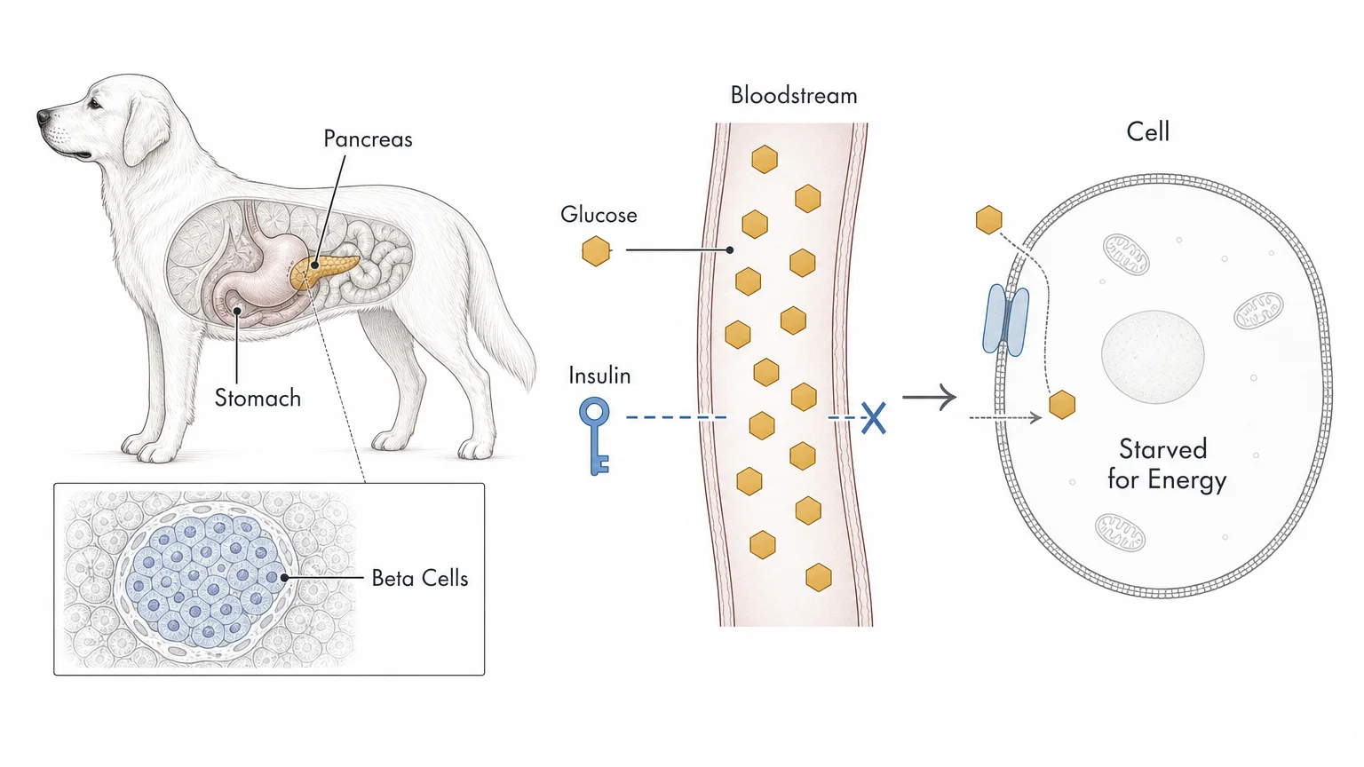 A medical diagram showing the dog's pancreas, beta cells, and how glucose remains trapped in the bloodstream without insulin.