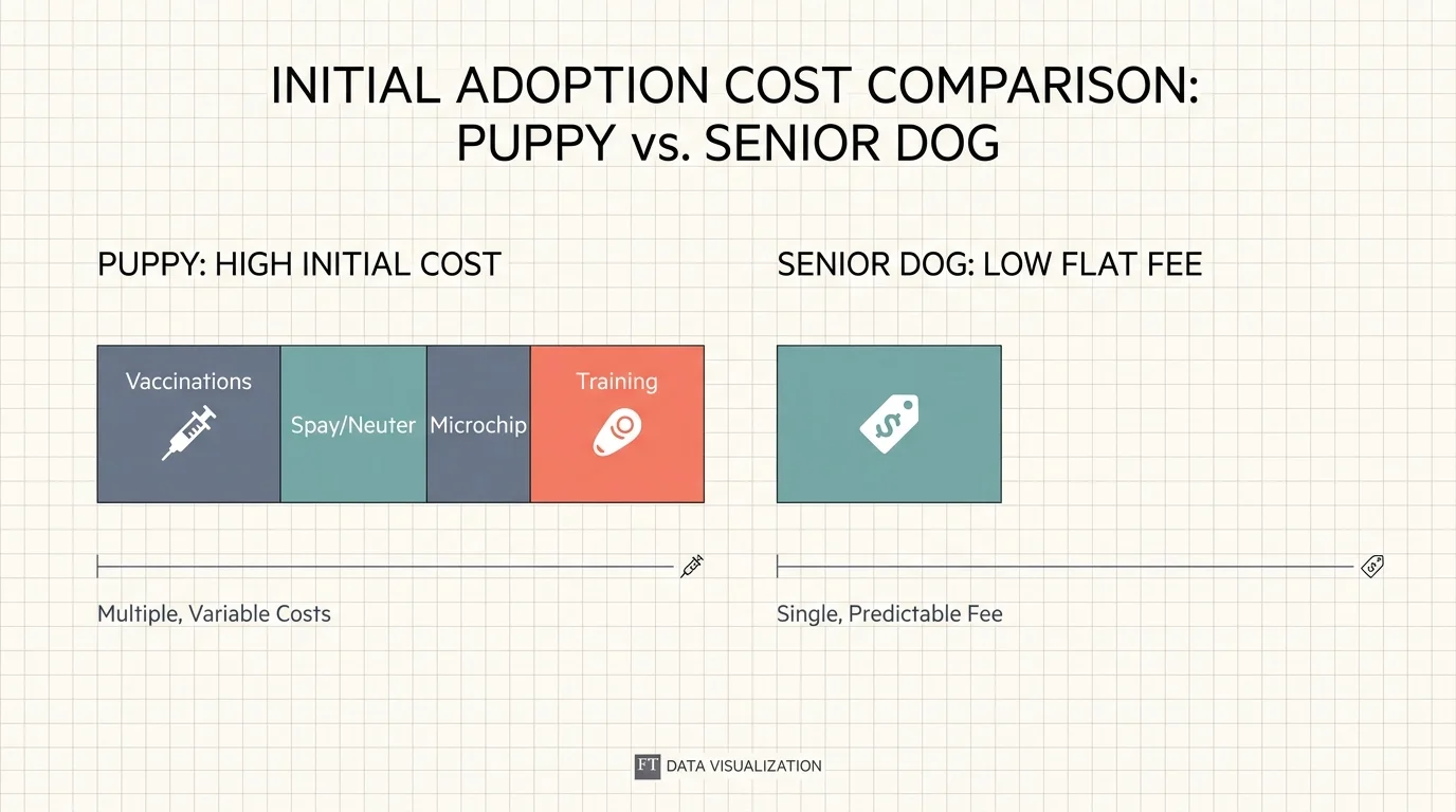A minimalist chart comparing the high initial costs of a puppy with the low flat adoption fee of a senior dog.