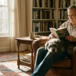 A retired man reading a book in a cozy armchair while his senior dog rests its head on his knee in a sunlit living room.