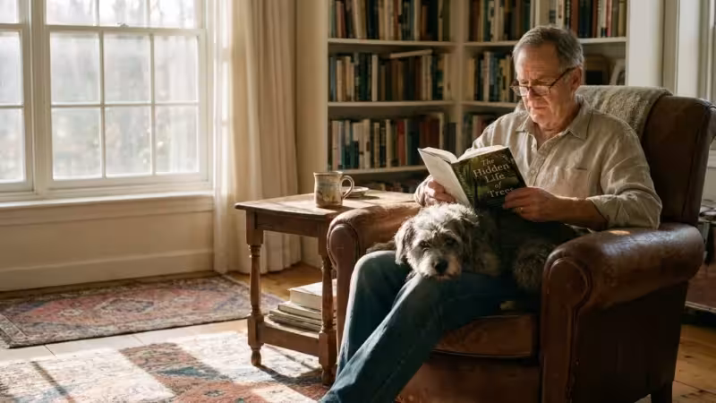 A retired man reading a book in a cozy armchair while his senior dog rests its head on his knee in a sunlit living room.