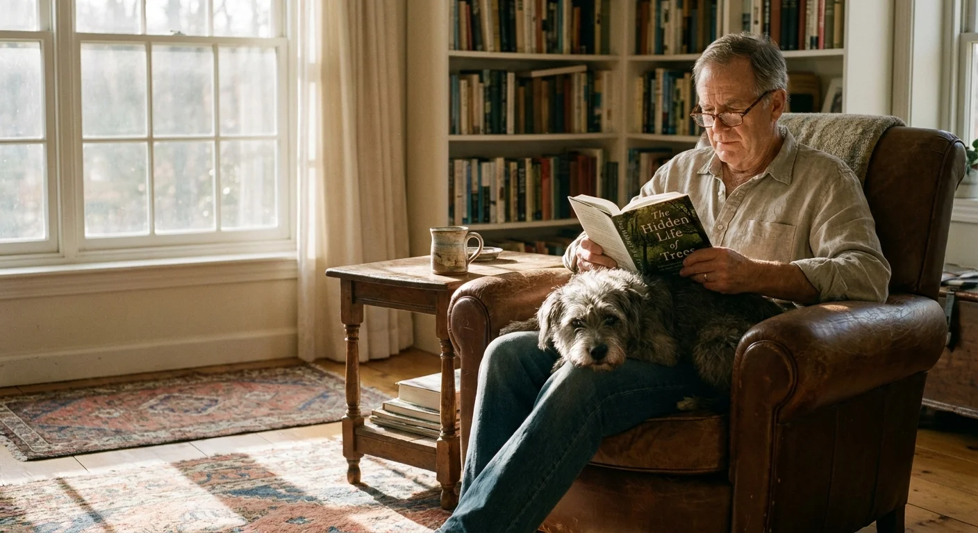 A retired man reading a book in a cozy armchair while his senior dog rests its head on his knee in a sunlit living room.