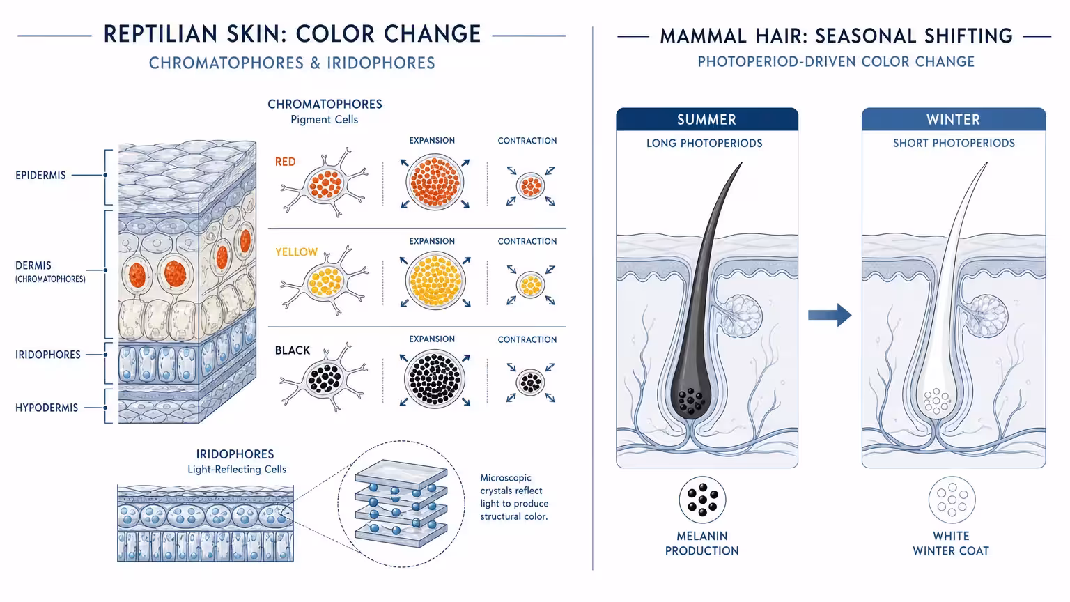 A scientific diagram showing the cross-section of skin cells called chromatophores and iridophores beside a seasonal coat transition.