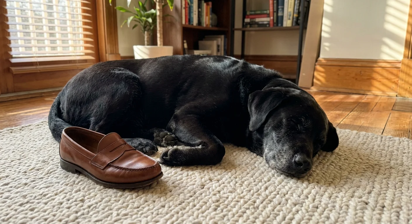 A senior black lab sleeps peacefully on a wool rug next to an untouched, undamaged leather shoe.