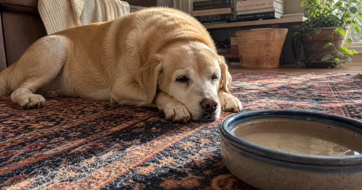 A senior yellow Labrador Retriever resting on a rug in a sunlit room, looking slightly tired, captured in a candid home setting.