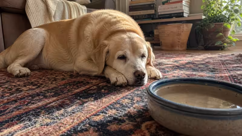A senior yellow Labrador Retriever resting on a rug in a sunlit room, looking slightly tired, captured in a candid home setting.
