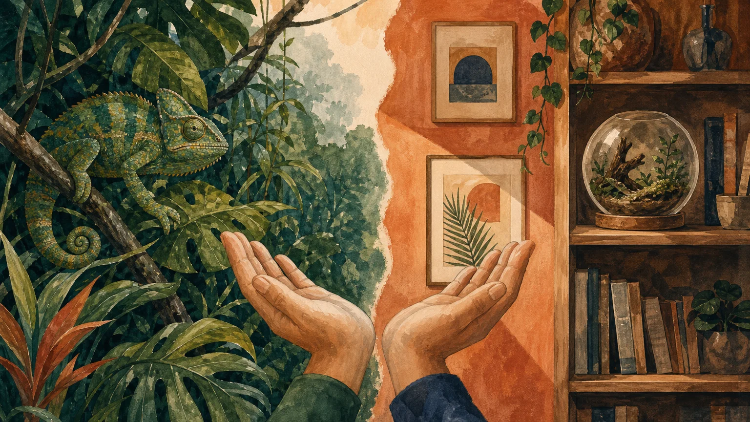 A symbolic watercolor painting showing the balance between an animal's natural jungle habitat and a responsible home environment.