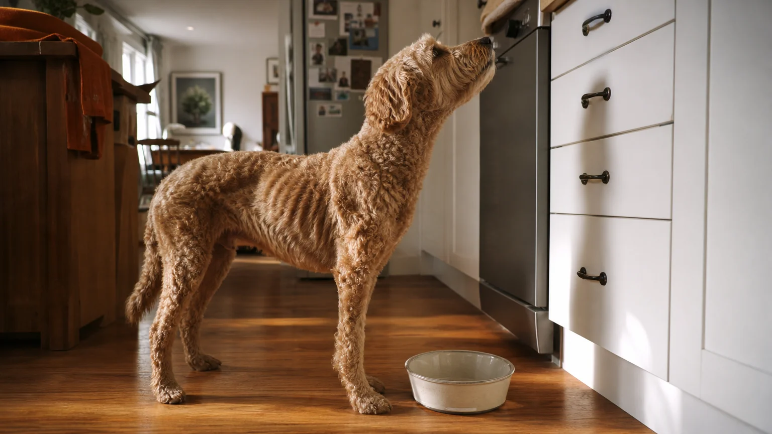 A thin dog stands over an empty bowl, showing slight rib prominence despite an apparent hunger.