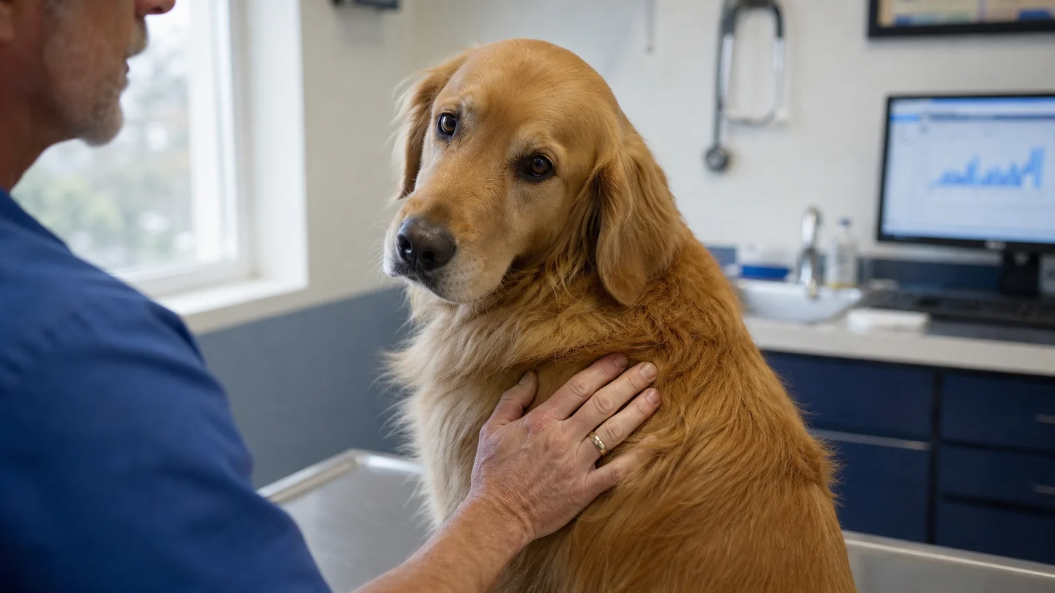 A veterinarian's hand resting reassuringly on a dog's shoulder during an exam, captured in a candid style.