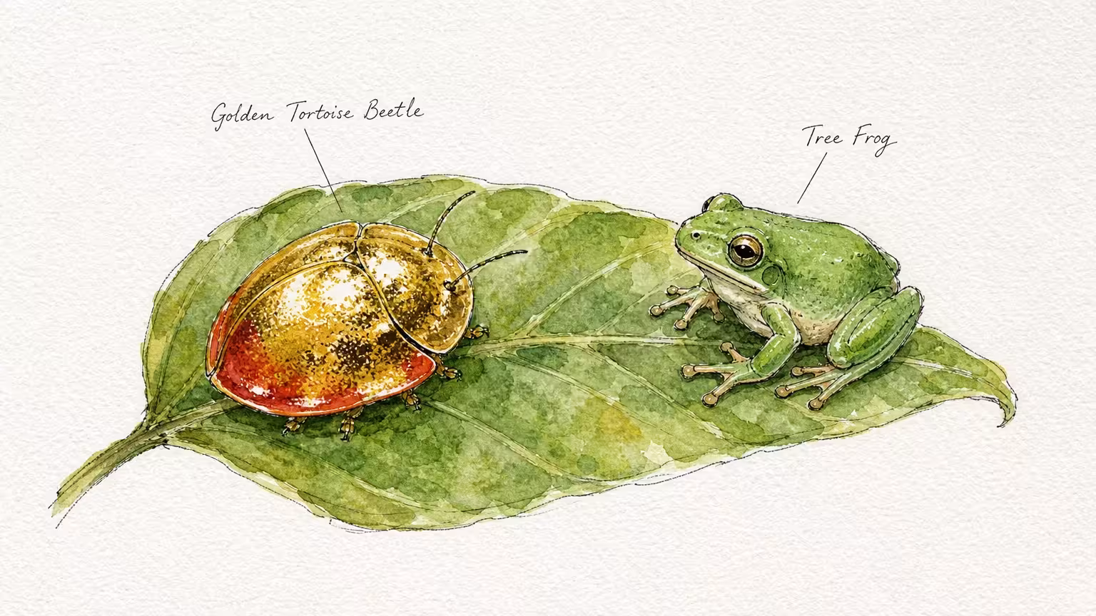 A watercolor and ink illustration of a Golden Tortoise Beetle and a Tree Frog on a green leaf.