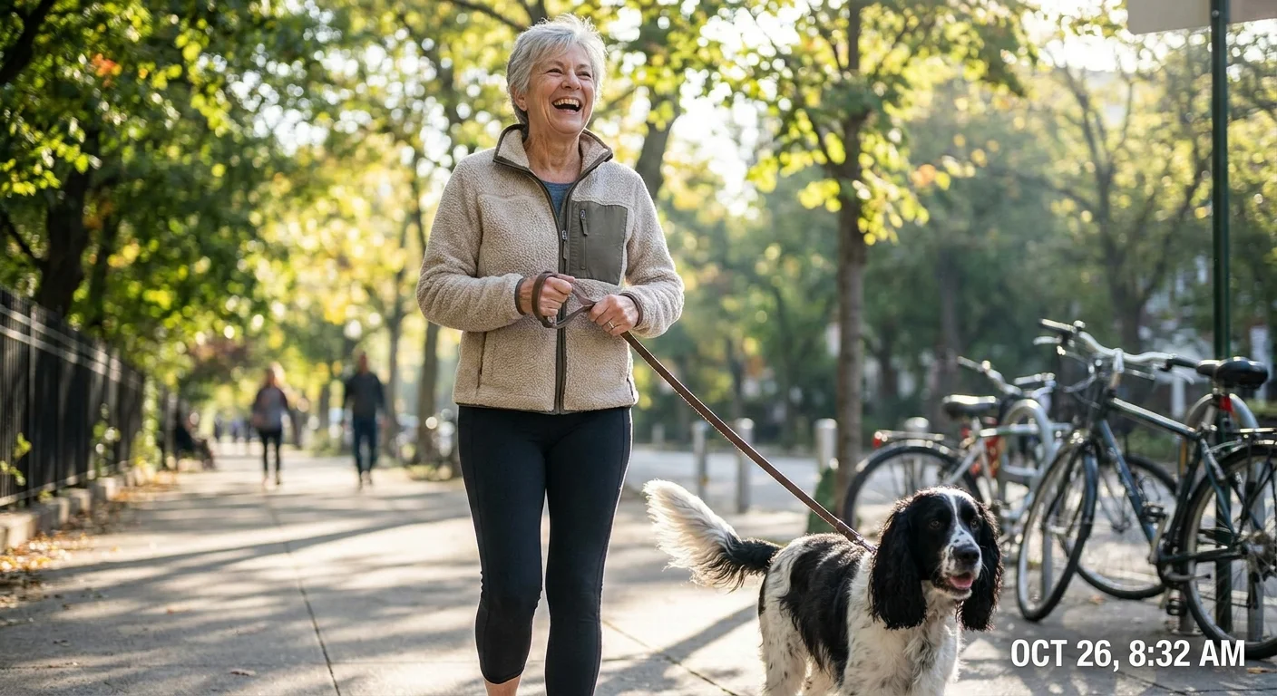 An active senior woman walks briskly down a sun-dappled neighborhood sidewalk with her senior spaniel on a sunny morning.