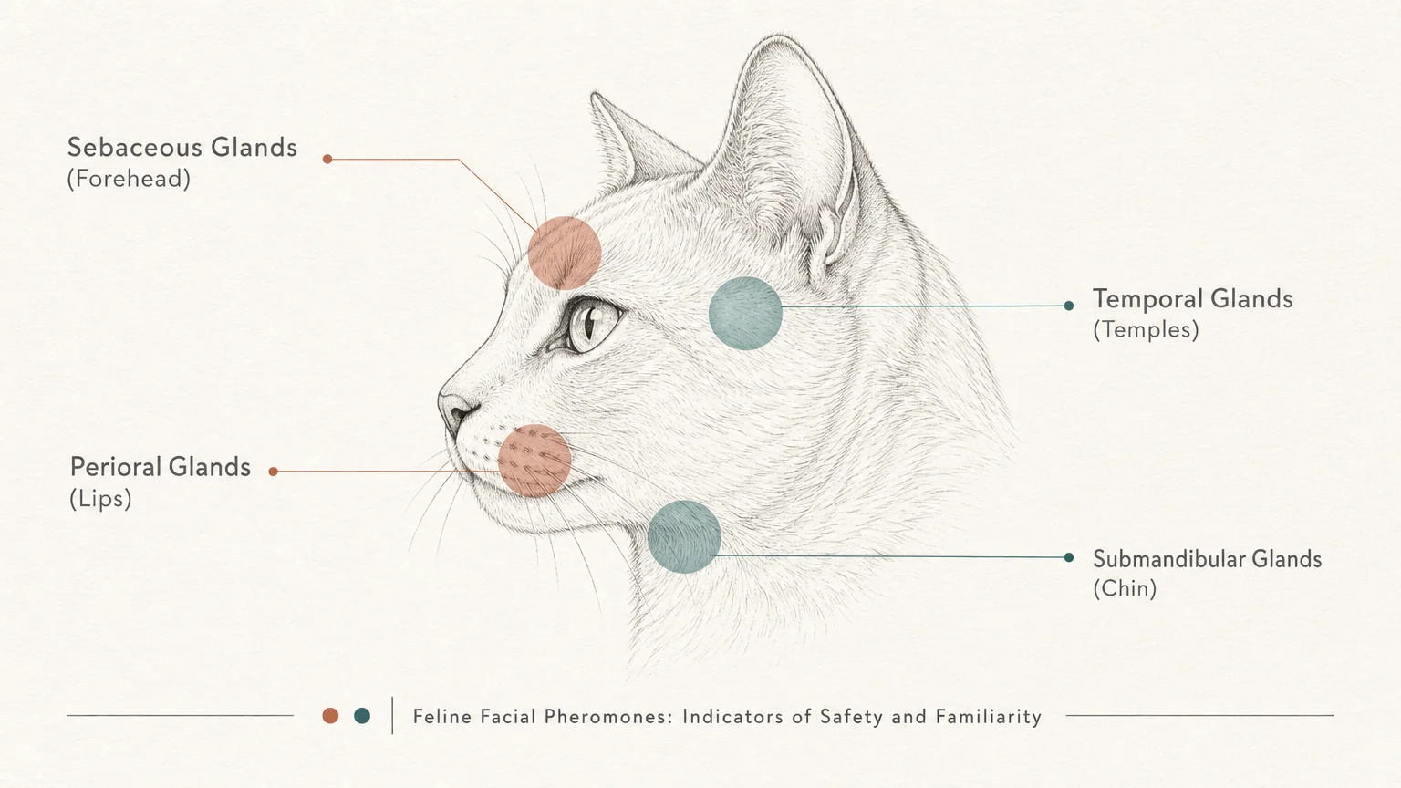 An anatomical diagram of a cat's head showing the locations of facial scent glands used for bunting.