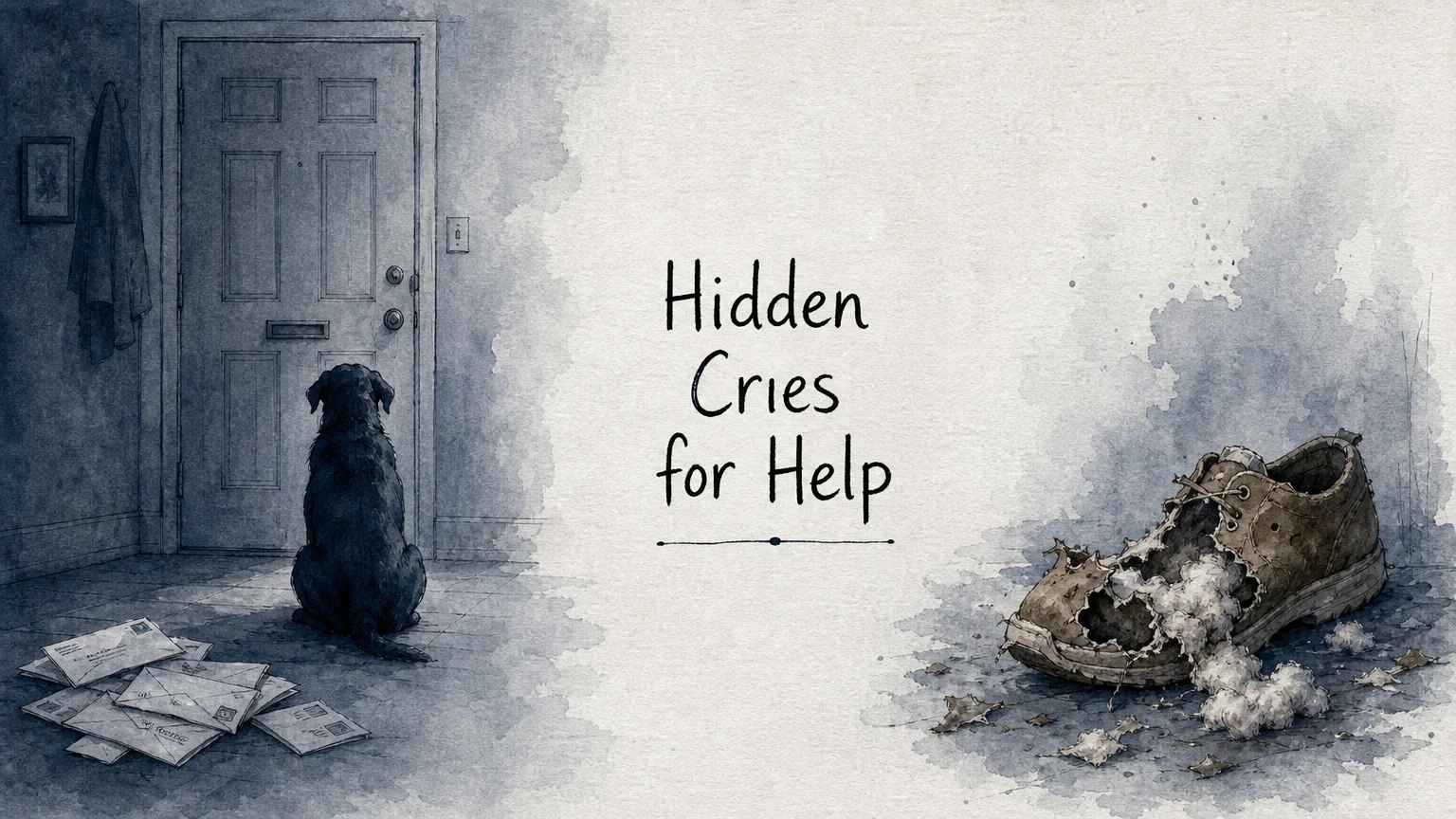 An editorial illustration of a dog silhouette by a door and a chewed shoe, representing separation anxiety.