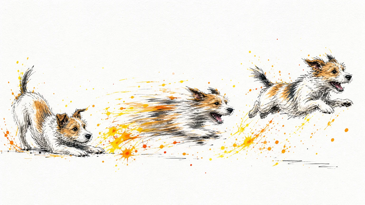 An energetic watercolor sketch showing a dog in various stages of a 'zoomie' energy burst across the frame.