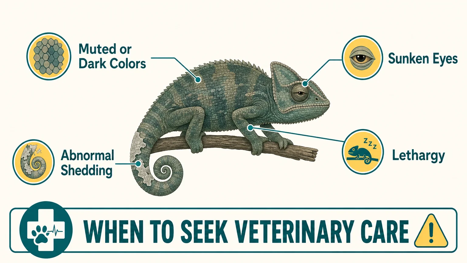 An infographic showing warning signs of illness in reptiles, such as muted colors, sunken eyes, and lethargy.