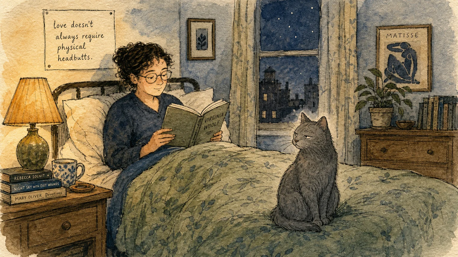 An ink and watercolor illustration of a cat sitting quietly at the foot of a bed, looking lovingly at its owner.