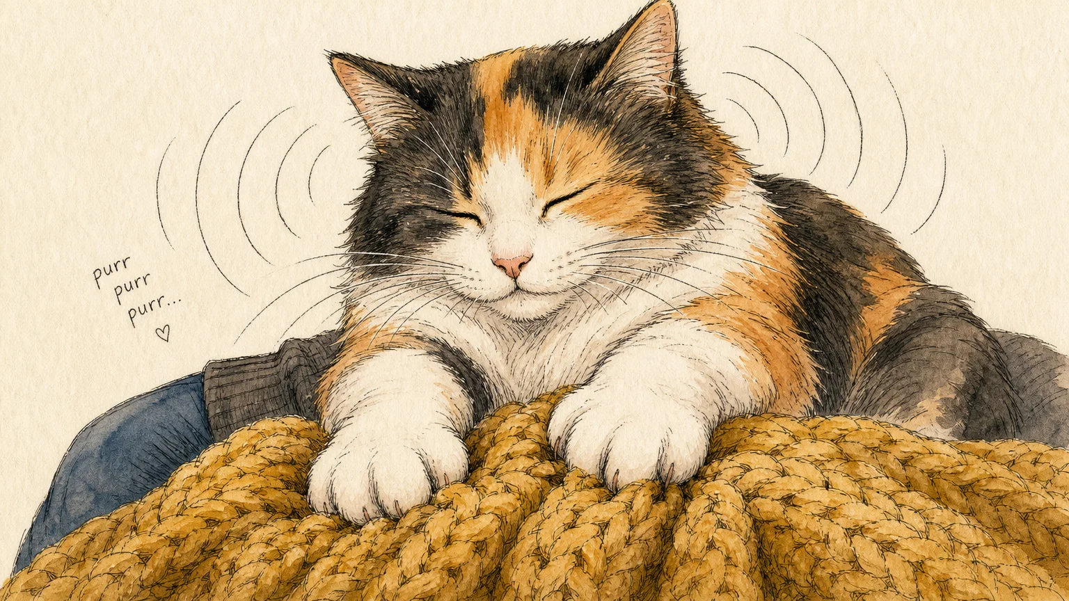 An ink and watercolor illustration of a cat's paws kneading a soft, yellow knit blanket on its owner's lap.