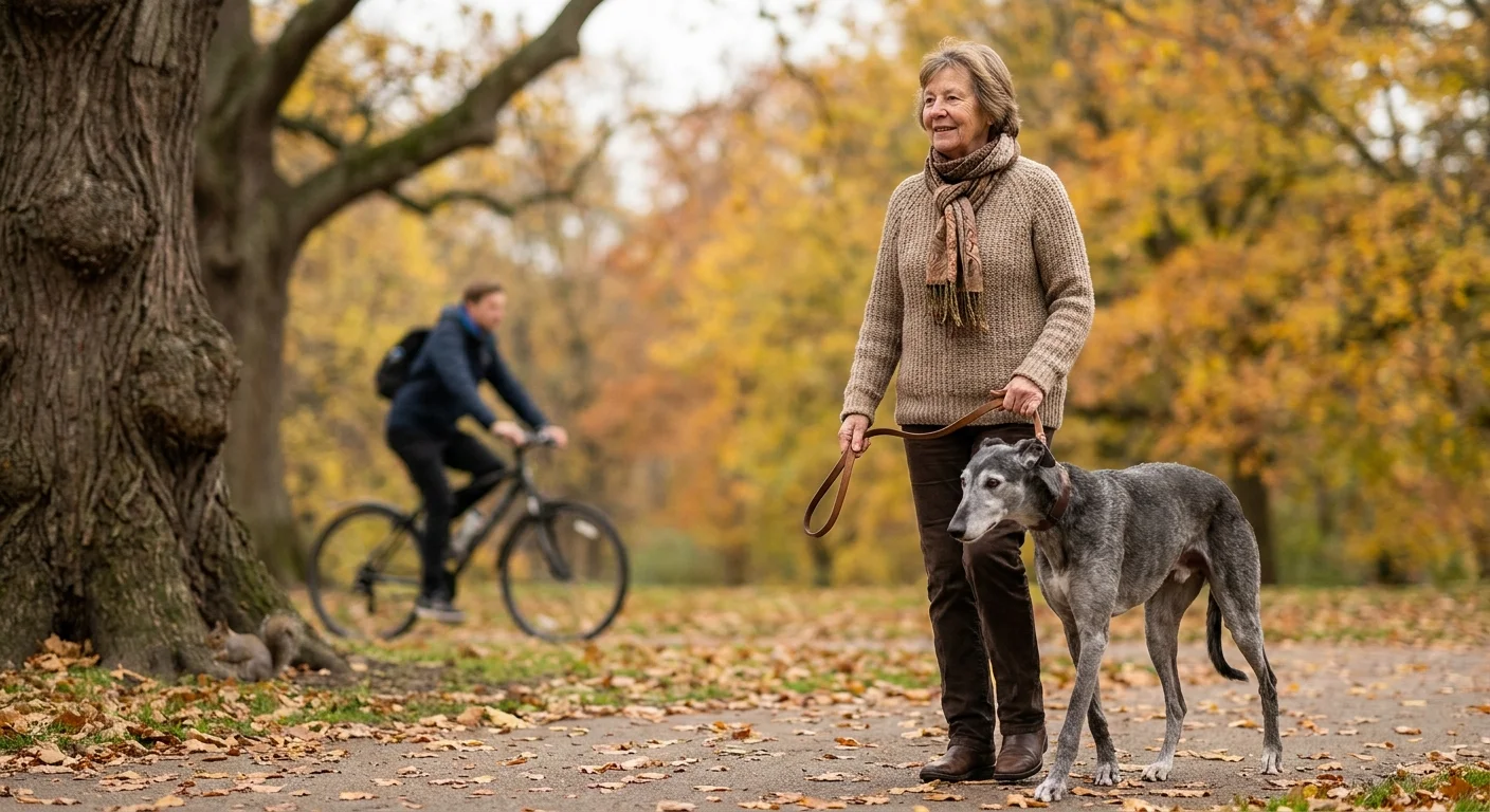 An older woman walks a calm greyhound on a loose leash in a park while a cyclist passes peacefully in the background.