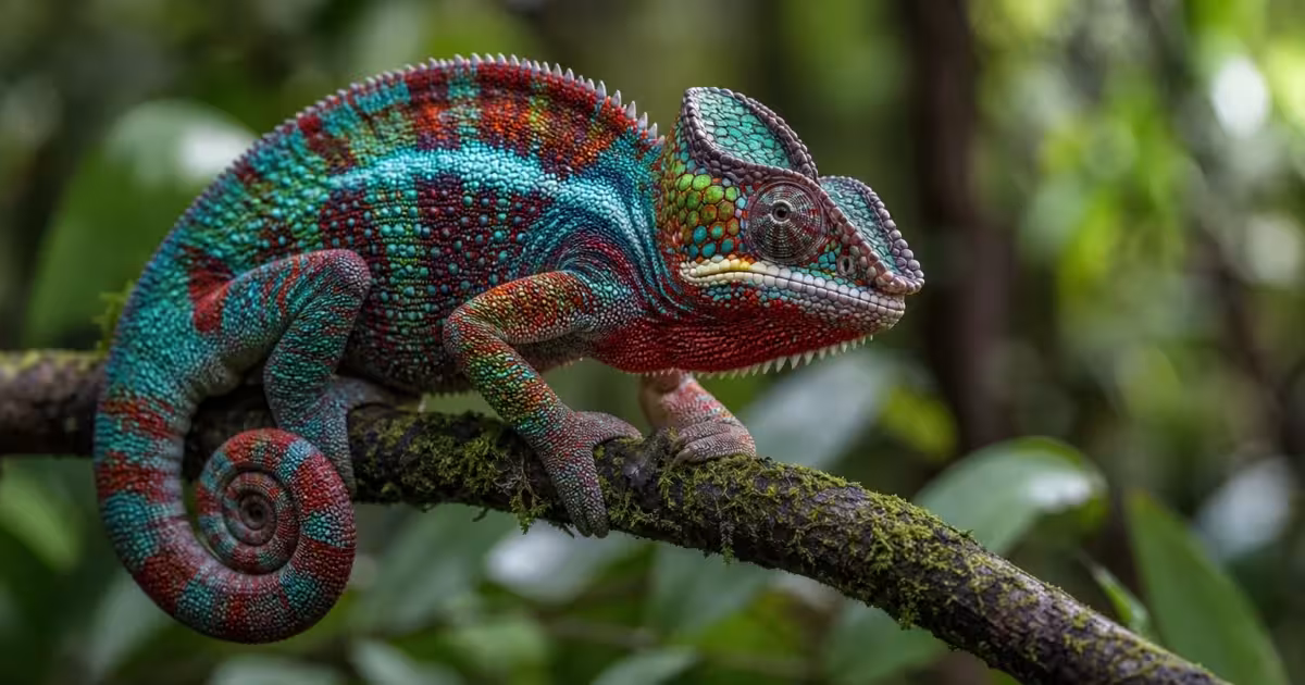 Close-up macro photograph of a vibrant Panther Chameleon with turquoise and red scales on a mossy branch.