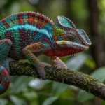Close-up macro photograph of a vibrant Panther Chameleon with turquoise and red scales on a mossy branch.