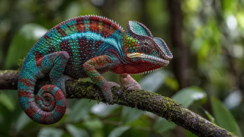 Close-up macro photograph of a vibrant Panther Chameleon with turquoise and red scales on a mossy branch.