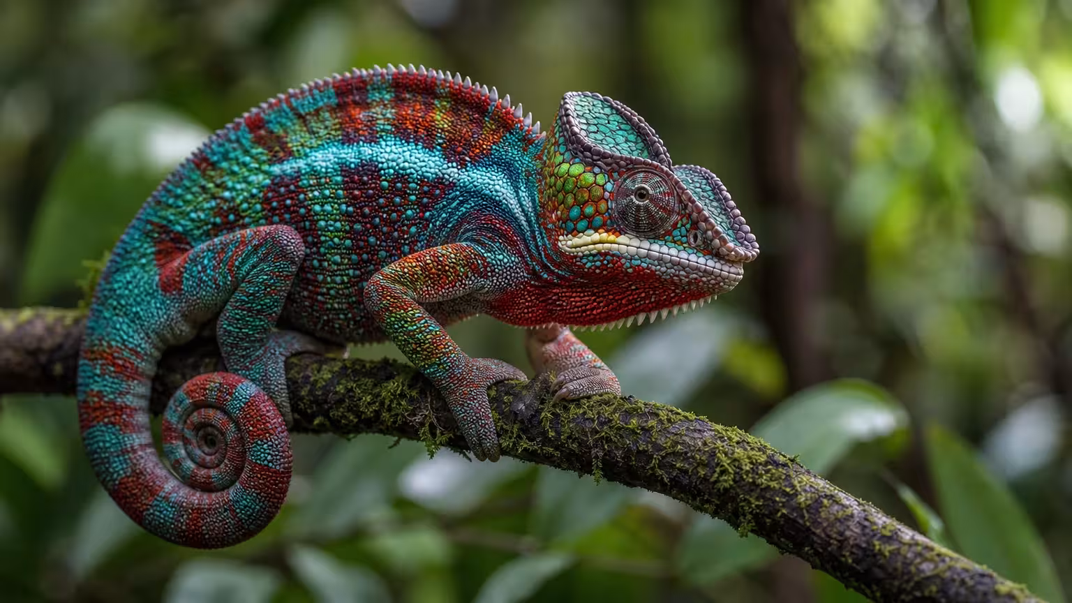 Close-up macro photograph of a vibrant Panther Chameleon with turquoise and red scales on a mossy branch.