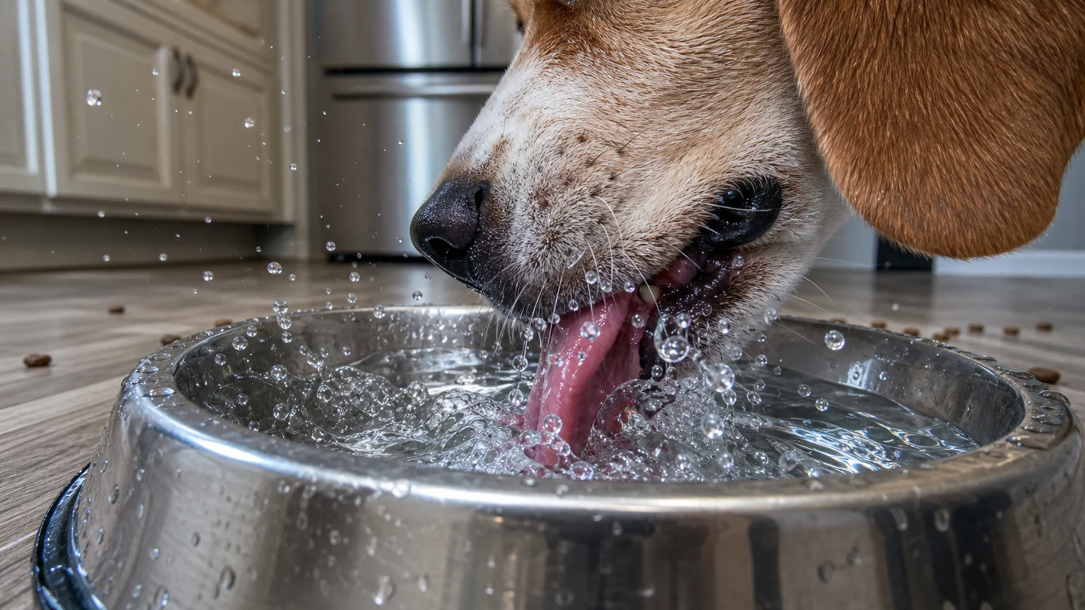 Close-up of a dog drinking water urgently from a metal bowl, showing splashes and ripples.