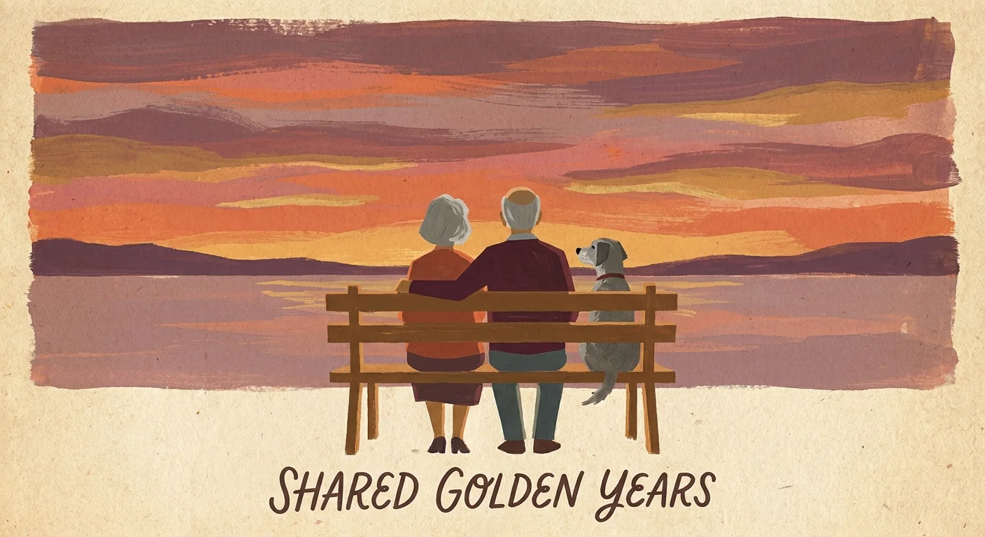 Gouache illustration of an older couple and their senior dog sitting on a park bench watching a vibrant sunset over a lake.