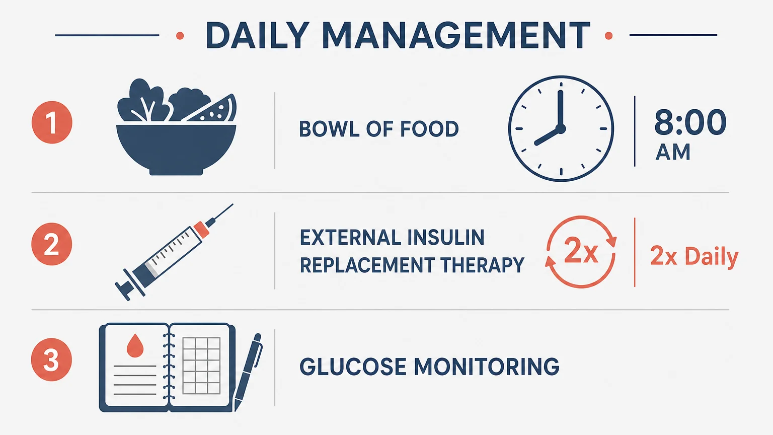 Infographic showing a daily routine for a diabetic dog, including timed meals, insulin shots, and glucose monitoring.