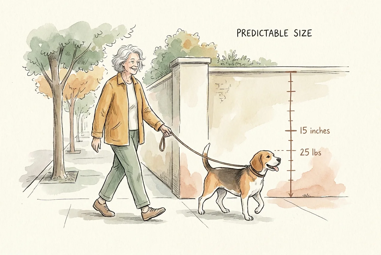 Ink and watercolor illustration of a retired woman walking a beagle next to a subtle height and weight chart on the wall.