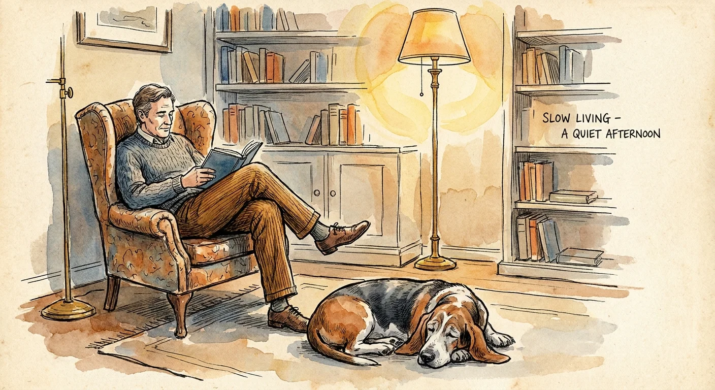 Ink and watercolor illustration of an older man reading in an armchair while a senior Basset Hound sleeps peacefully at his feet.