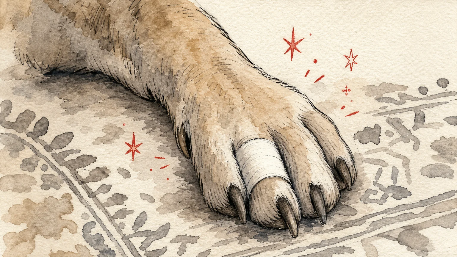 Watercolor drawing of a dog's paw with a small bandage, symbolizing slow healing and recurring infections.