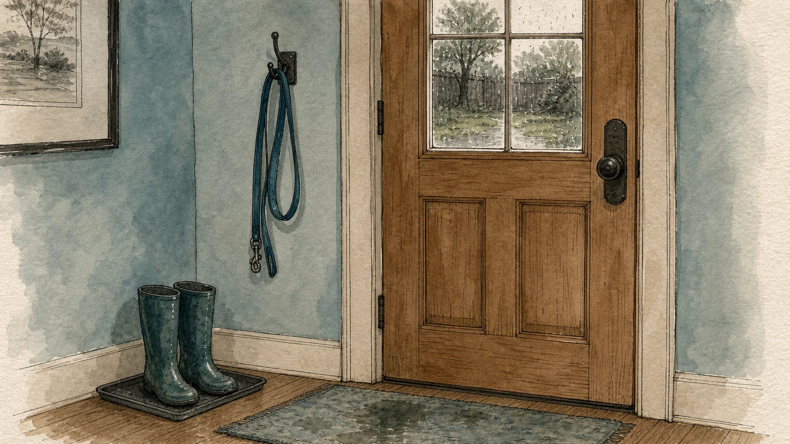 Watercolor illustration of a dog leash hanging by a door, symbolizing the frequent need for bathroom breaks.