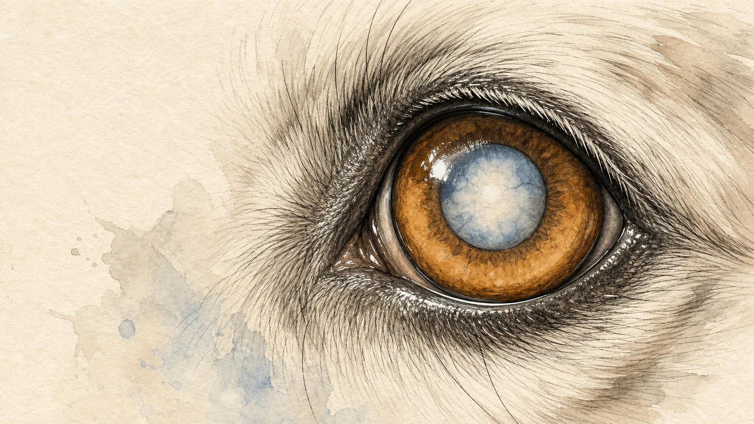 Watercolor illustration of a dog's eye with a cloudy, milky pupil indicating cataract formation.
