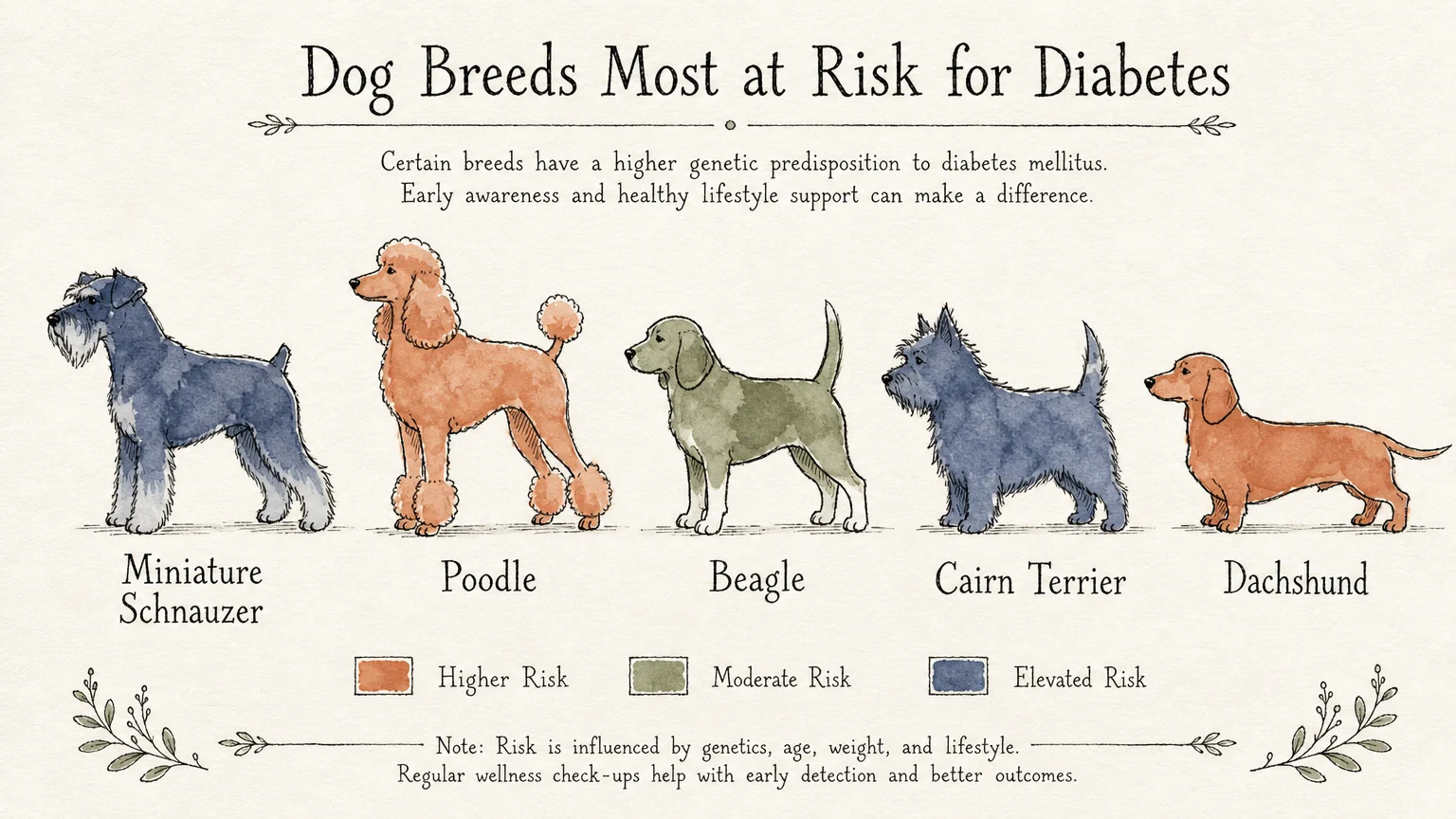 Watercolor silhouettes of a Schnauzer, Poodle, and Beagle, labeled as breeds predisposed to diabetes.