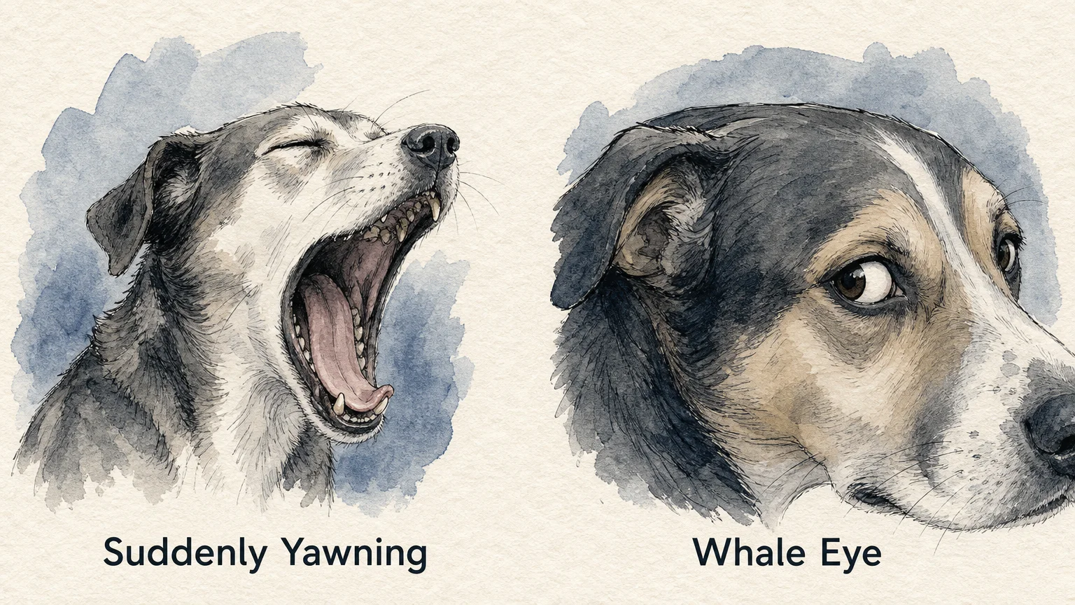 Watercolor sketches of a dog yawning and showing 'whale eye' with labels identifying these stress signals.