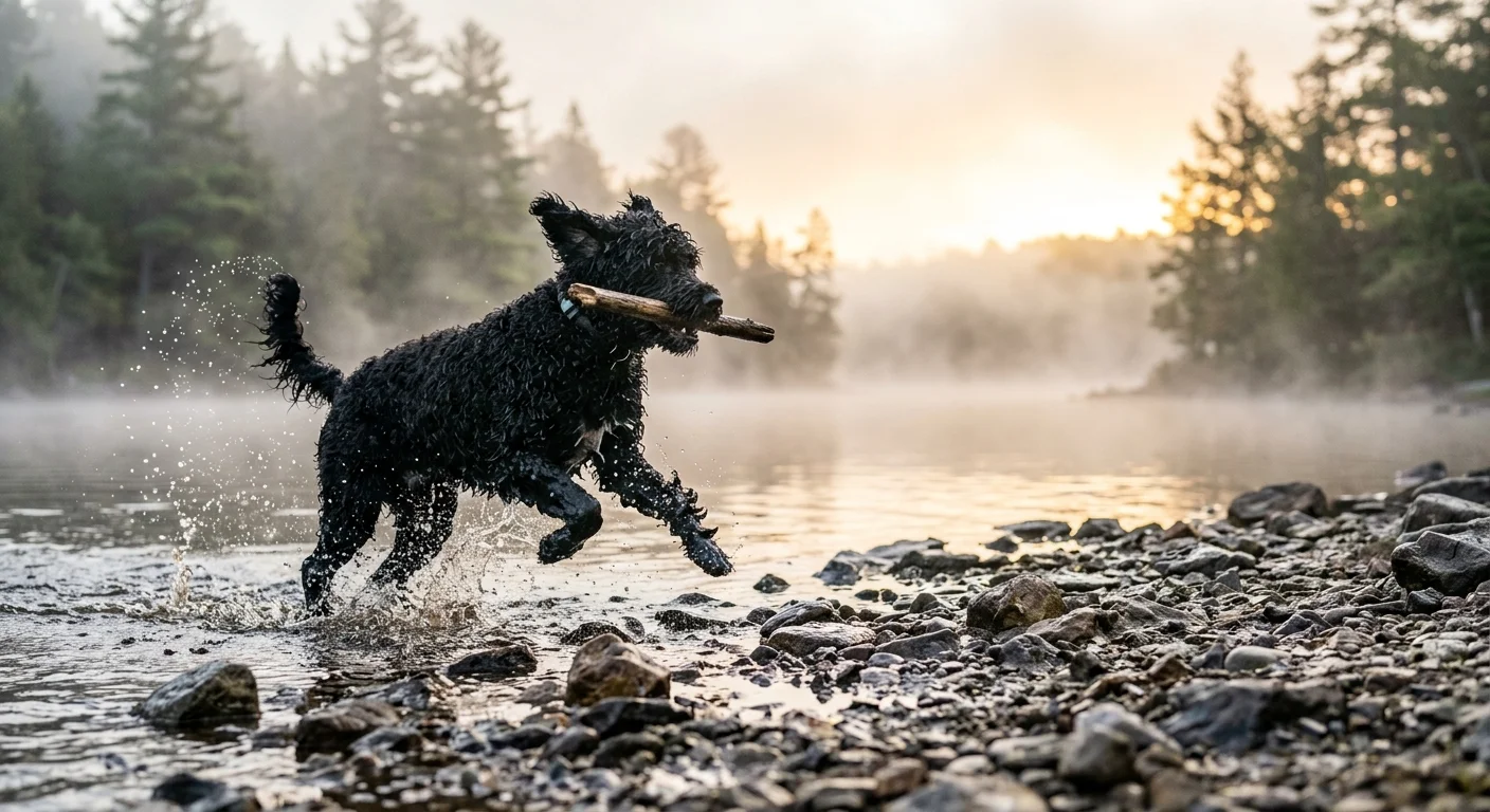 A black Portuguese Water Dog runs through shallow lake water fetching a stick during a misty sunrise.